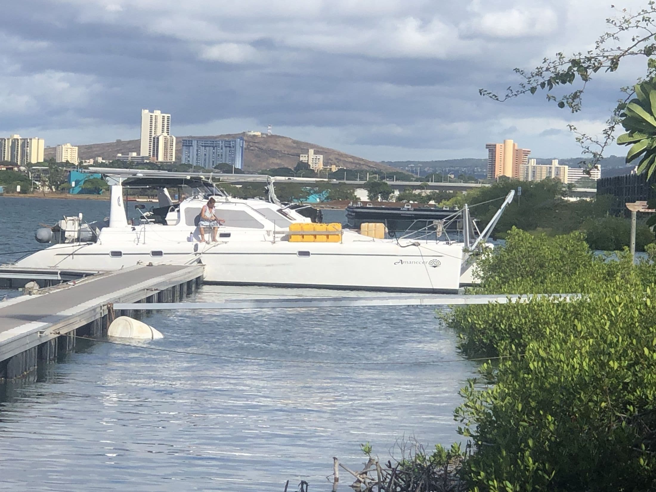 A catamaran alongside a floating dock with a city behind